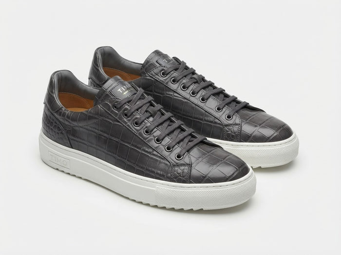 TIMO Rubber Welt Sneaker — Dark Grey Croco Embossed Leather w/ Grey Laces