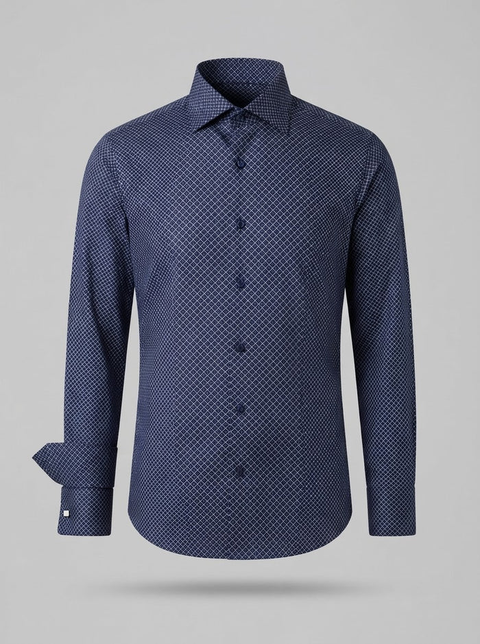 Leo Danieli LDC31 Geometric Print Shirt — Navy Diamond Cross Grid