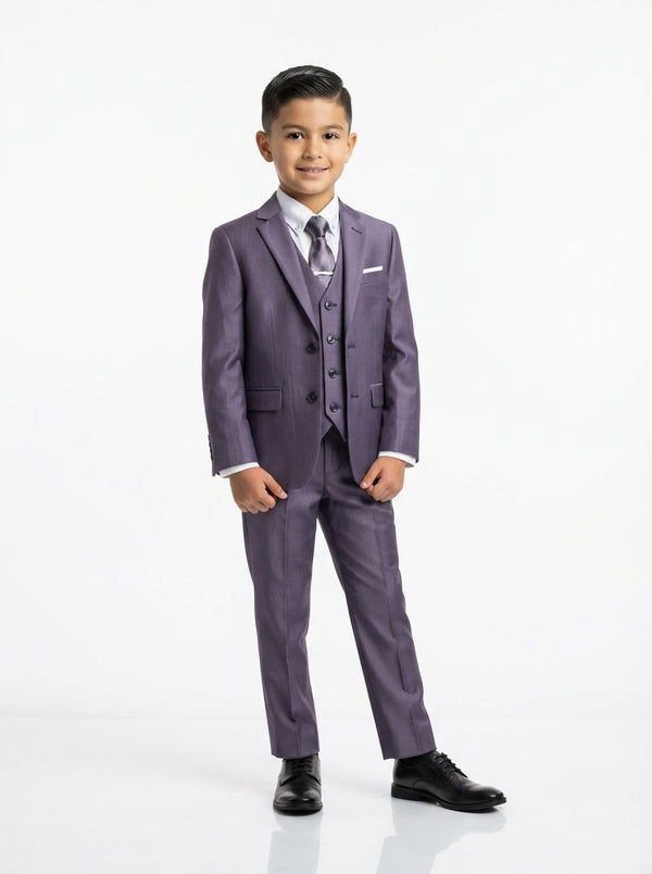 B361 Boy Solid Sharkskin 5PC Suit Set — Dark Lavender w/ Notch Lapel