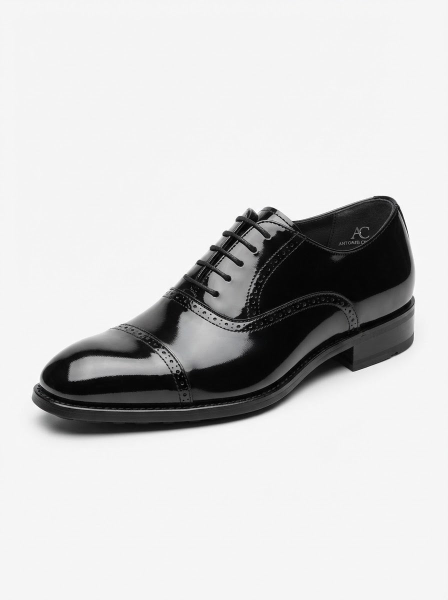 Antonio Cerrelli 7000 Patent Cap Toe Lace — High-Gloss Mirror Finish Black Patent Leather Upper