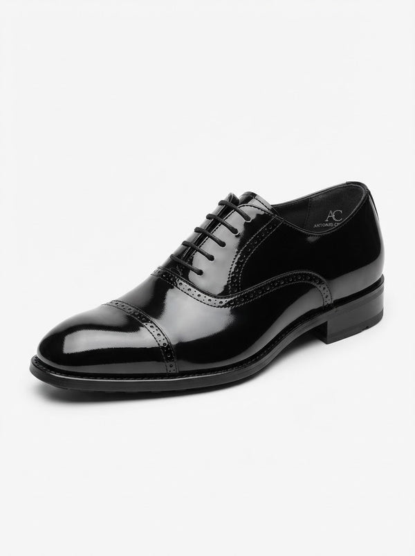 Antonio Cerrelli 7000 Patent Cap Toe Lace — High-Gloss Mirror Finish Black Patent Leather Upper