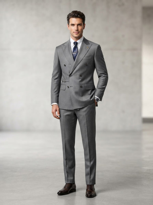 Gariba Pinstripe Double Breasted Suit — Grey Chalk Pinstripe Super 200s