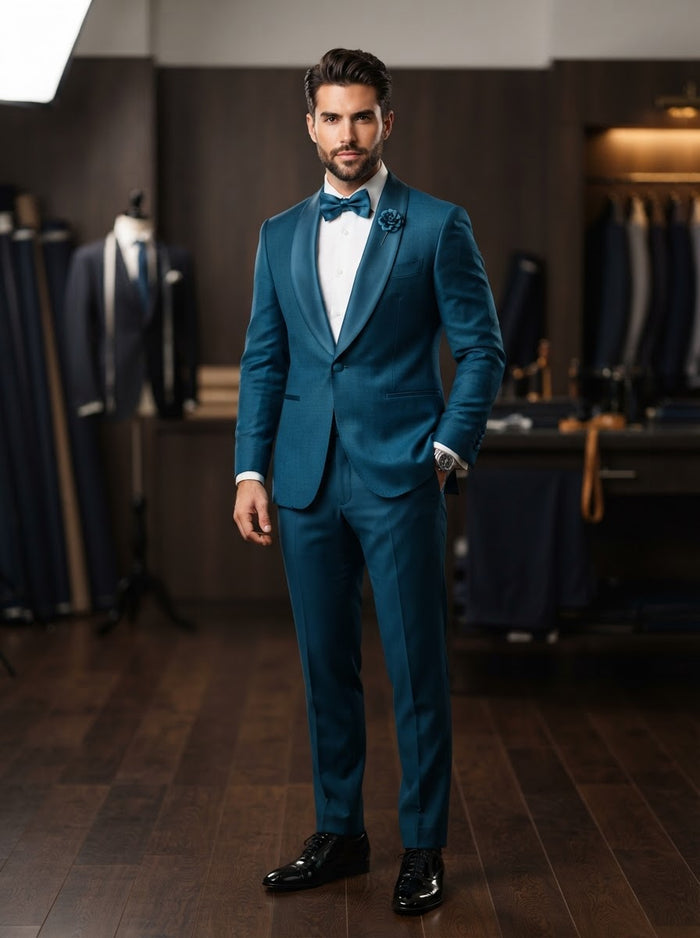 TSS-2 Luxurious Stretch Tuxedo Set — Teal w/ Matching Bow Tie & Pocket Square