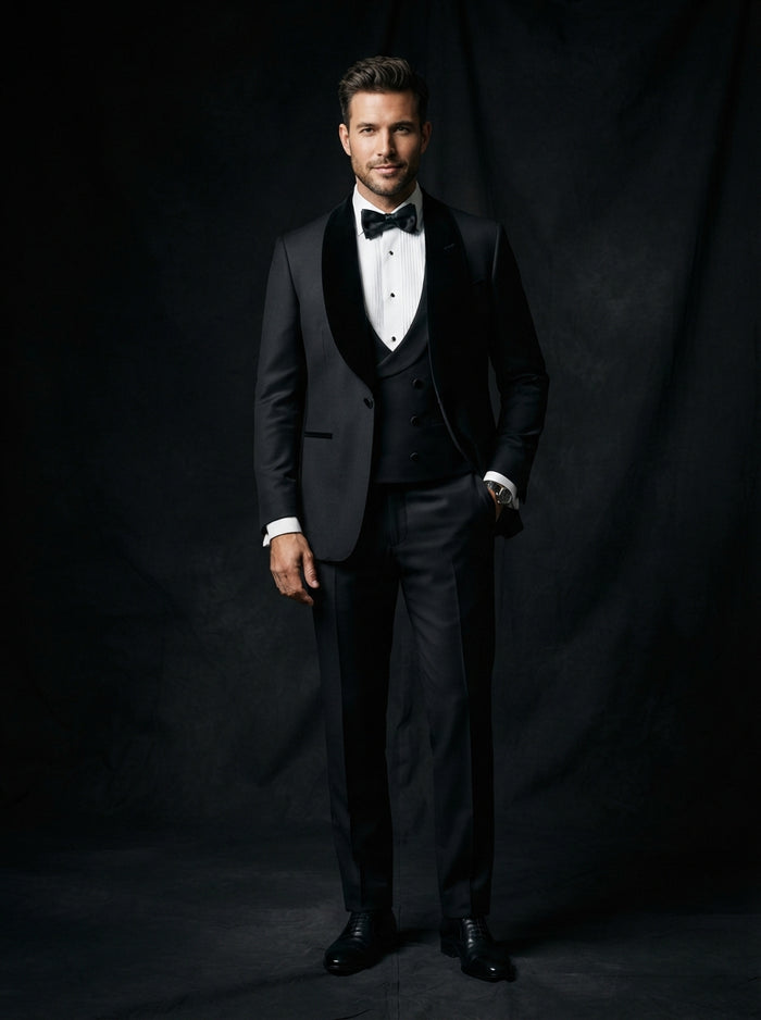 Encore-V 3PC Velvet Shawl Tuxedo — Deep Black Velvet Lapel & Double Breasted Vest