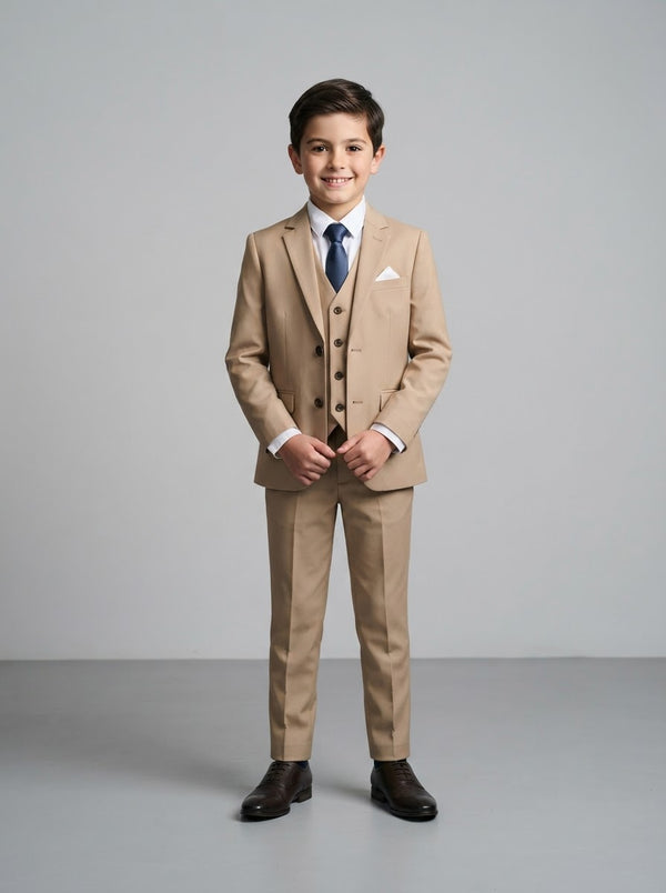 PB181 Boy Solid Sharkskin 5PC Suit Set — English Tan w/ Notch Lapel