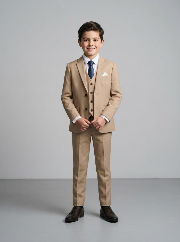 PB181 Boy Solid Sharkskin 5PC Suit Set — English Tan w/ Notch Lapel