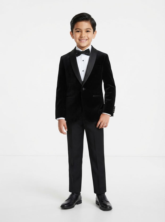 BTV409S Boy Velvet Tuxedo Set — Black w/ Satin Shawl Collar