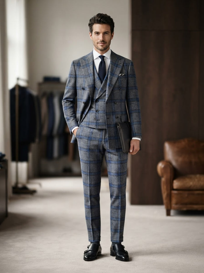 Antica 3PC Double Breasted Suit — Cobalt Blue Super 200s Italian Wool & Cashmere