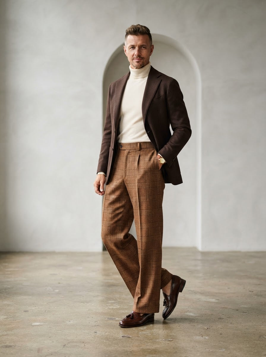 WP-103 Wide Leg Flat Front Plaid Trousers — Copper Brown / Gold Plaid