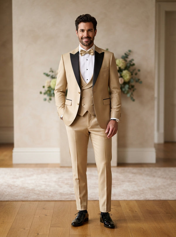 Caesar 3PC Tailored Fit Suit Set — Champagne Gold w/ Matching Vest & Bow Tie