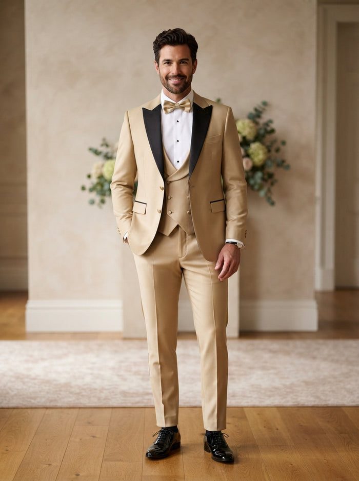 Caesar 3PC Tailored Fit Suit Set — Champagne Gold w/ Matching Vest & Bow Tie