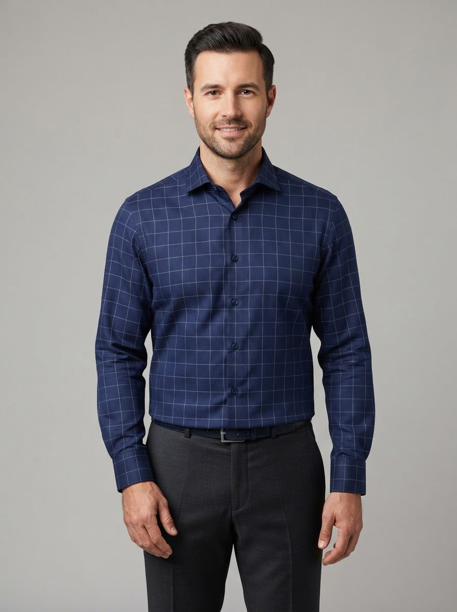 MSL18-3 Fine Touch Microfiber Shirt — Navy Grid Check