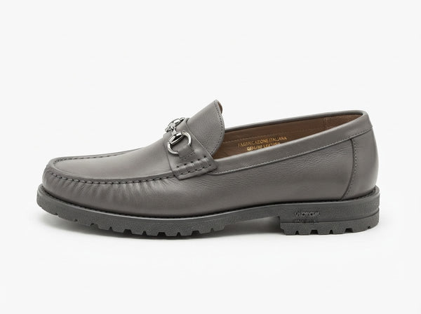 The Usher Moc Toe Cold Bit Slip-On — Grey Leather w/ Metal Bit & Ribbed Sole