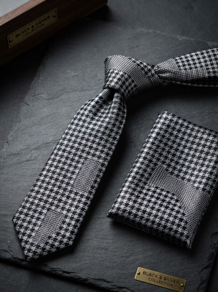 Microfiber Tie & Hanky Set MTE8-3 — Black & Silver Paisley Plaid