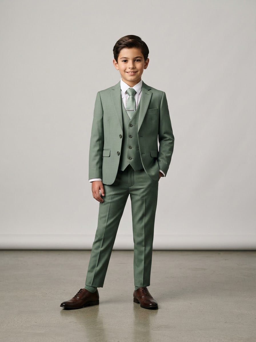 PB363 Boy Solid 5PC Suit Set — Sage Green w/ Notch Lapel