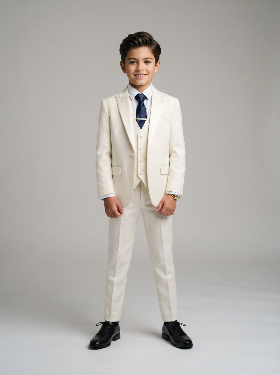 PB363 Boy Solid 5PC Suit Set — Pure Crisp White w/ Notch Lapel