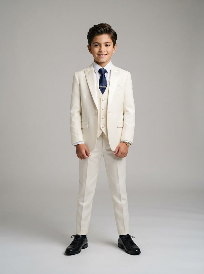 PB363 Boy Solid 5PC Suit Set — Pure Crisp White w/ Notch Lapel