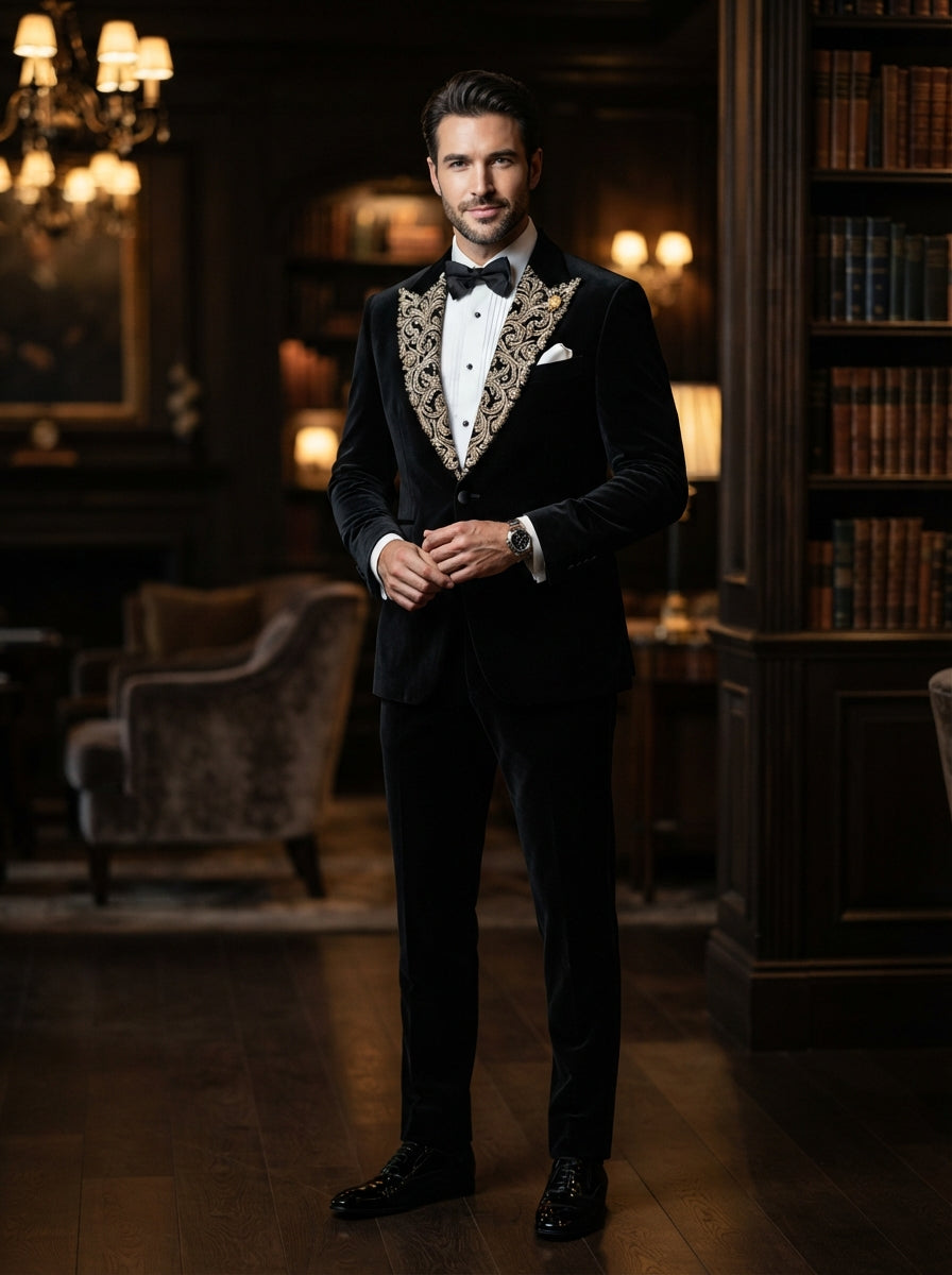 Mirage 2PC Tailored Velvet Suit — Black Velvet w/ Embroidered Lapel