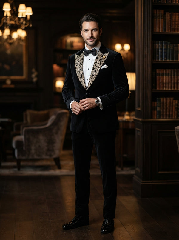 Mirage 2PC Tailored Velvet Suit — Black Velvet w/ Embroidered Lapel