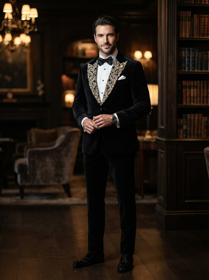 Mirage 2PC Tailored Velvet Suit — Black Velvet w/ Embroidered Lapel