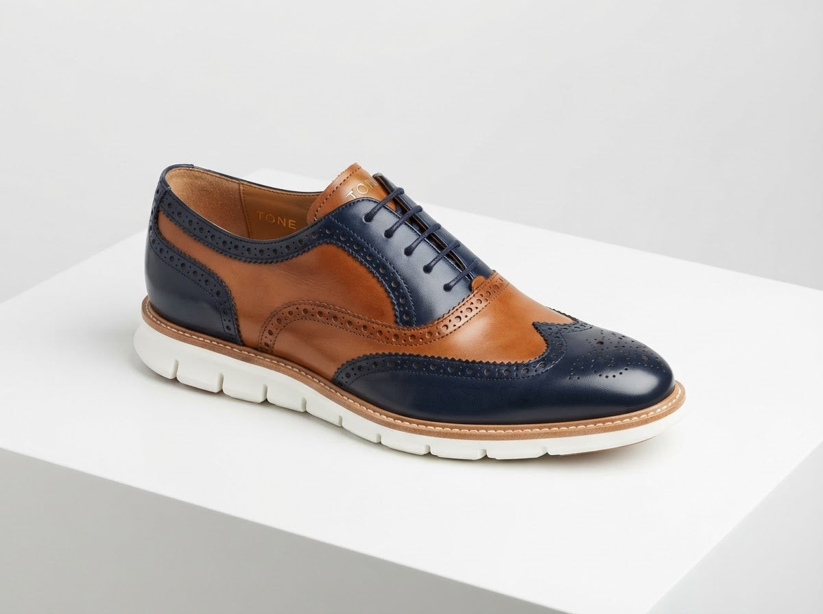 TONE Wingtip Lace Oxford — Tan Cognac & Blue Two-Tone w/ Broguing