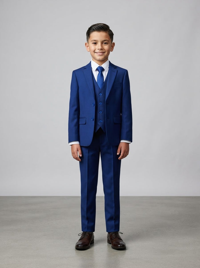 PB181 Boy Solid Sharkskin 5PC Suit Set — Steel Blue w/ Notch Lapel