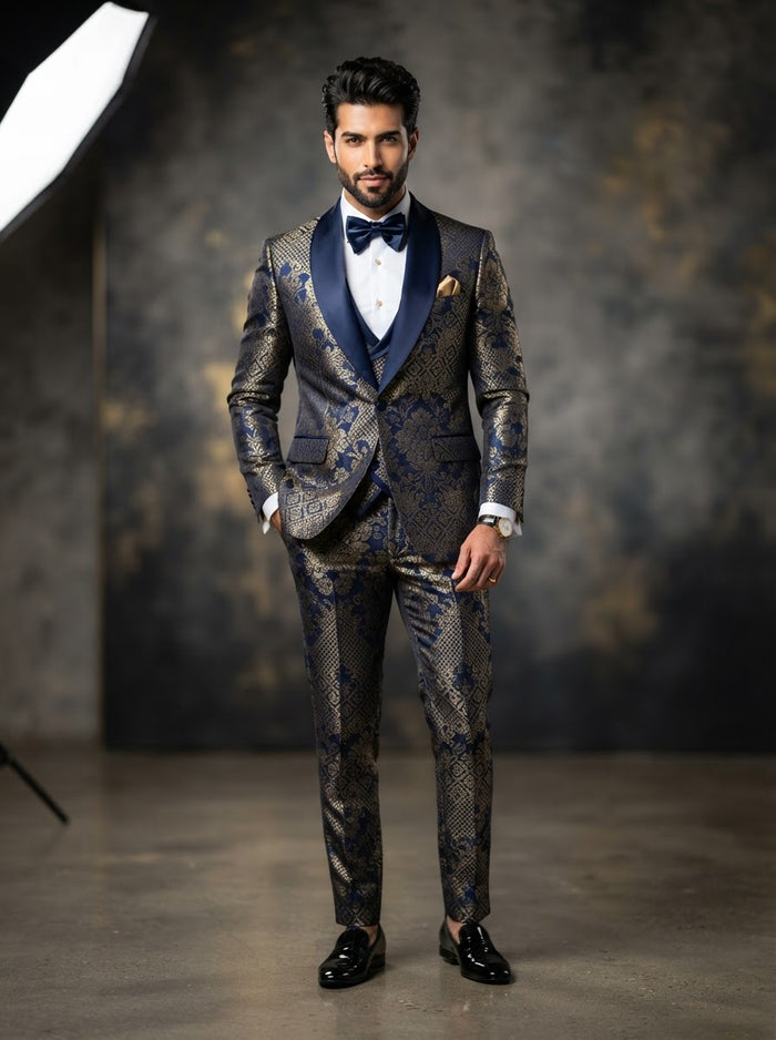 MVJQ-1 Luxury Jacquard 3PC Modern Tuxedo — Navy Blue & Metallic Gold w/ Matching Bowtie