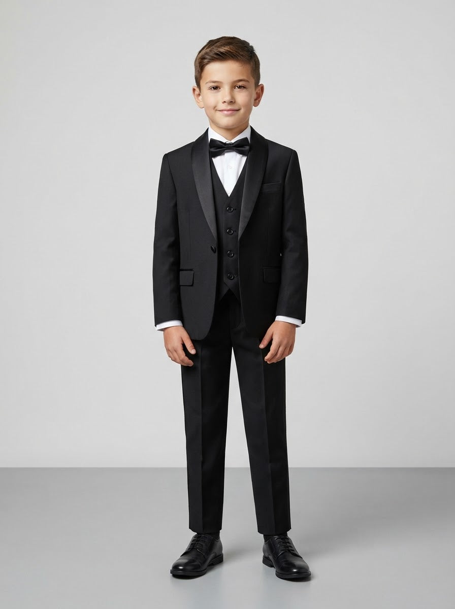PBT283 Boy Solid 5PC Tuxedo Set — Black w/ Black Satin Shawl Collar