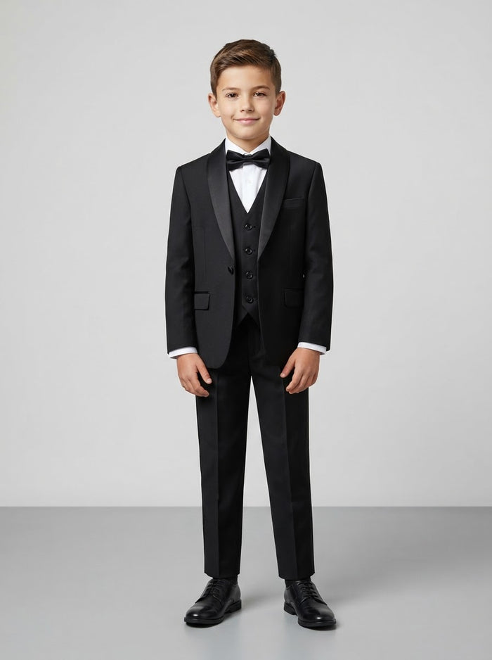 PBT283 Boy Solid 5PC Tuxedo Set — Black w/ Black Satin Shawl Collar
