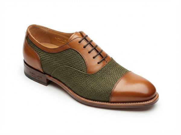 SINCLAIR Cap Toe Lace Oxford — Olive Green & Tan Woven Texture w/ Cap Toe