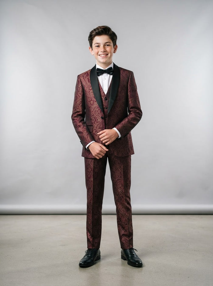 B391 Boy Paisley 5PC Suit Set — Burgundy Paisley w/ Satin Shawl Collar
