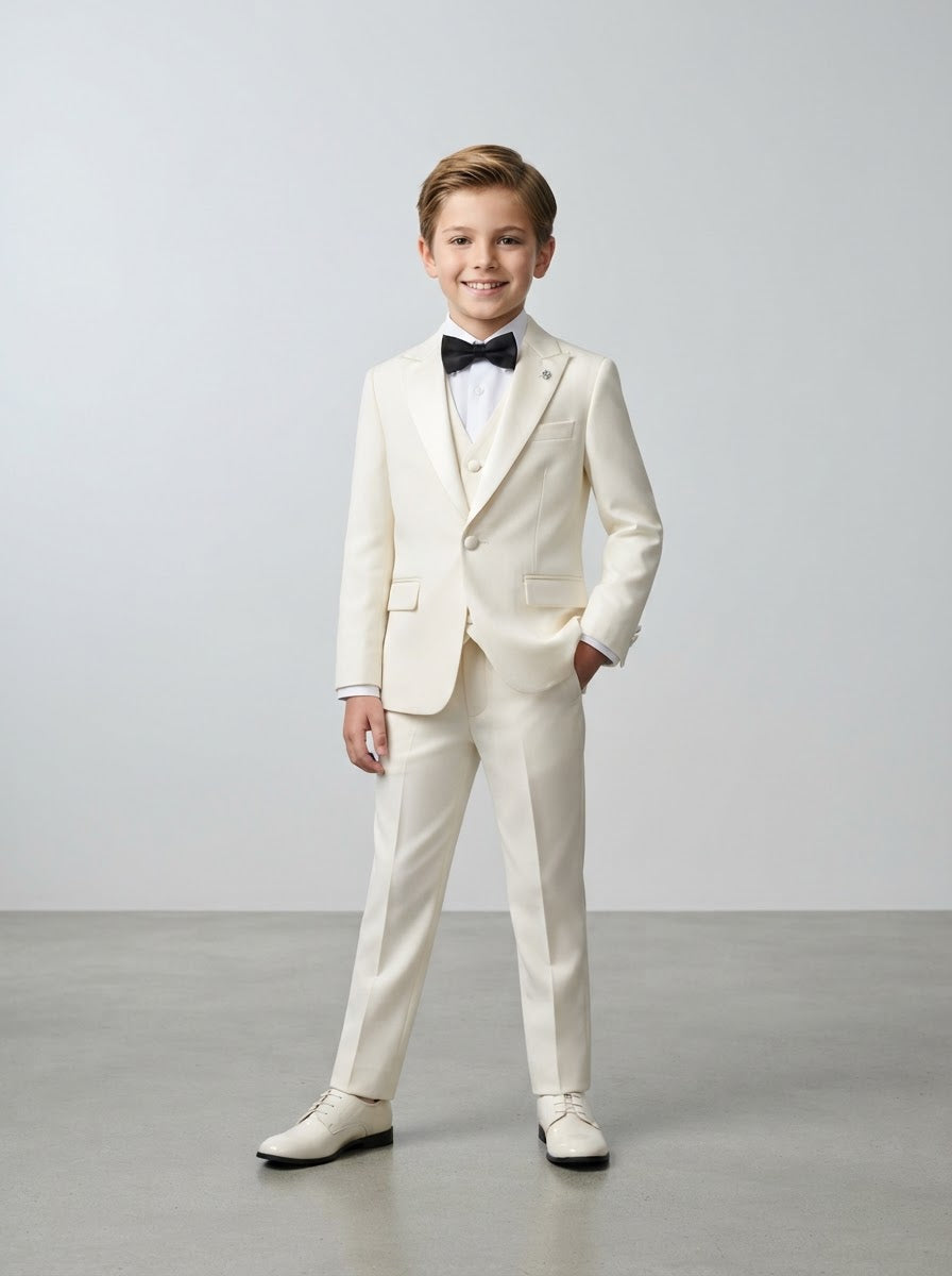 BT187 Boy Solid 4PC Tuxedo Set — Ivory w/ Satin Peak Lapel