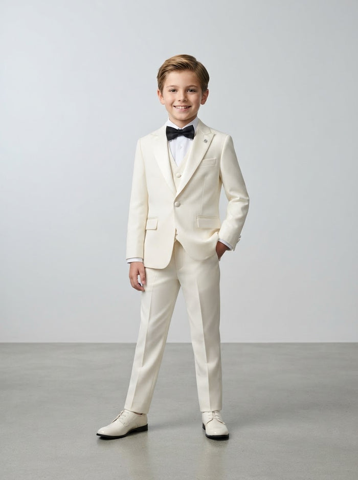 BT187 Boy Solid 4PC Tuxedo Set — Ivory w/ Satin Peak Lapel