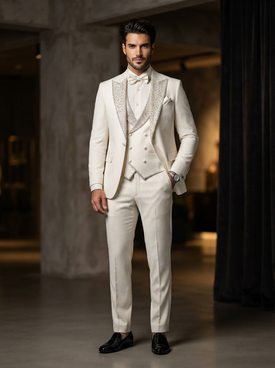 Chic 3PC Luxury Rhinestone Tuxedo — Off White Crystal Embroidery