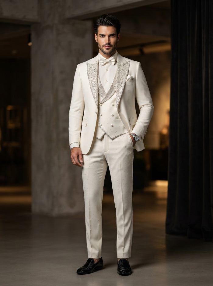 Chic 3PC Luxury Rhinestone Tuxedo — Off White Crystal Embroidery