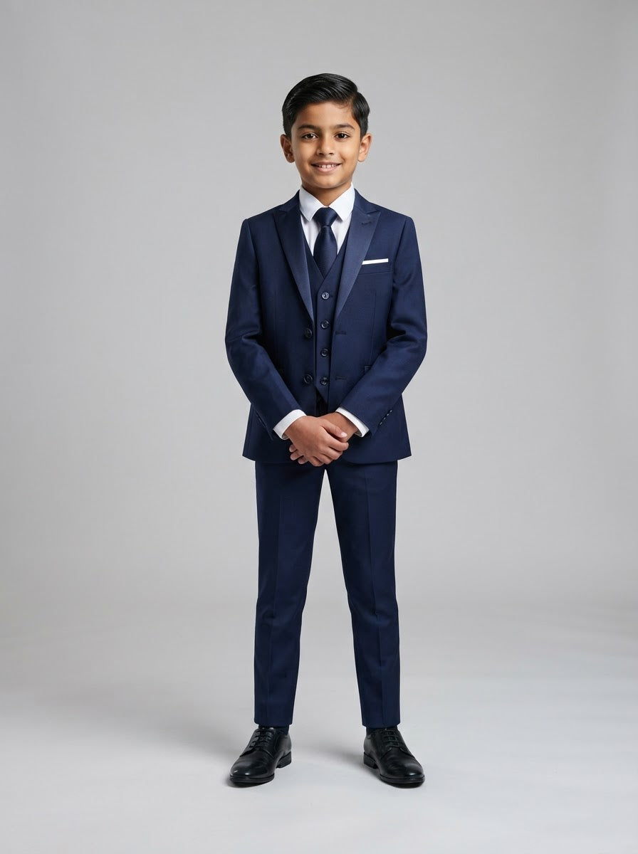 PB181 Boy Solid Sharkskin 5PC Suit Set — Medium Navy w/ Notch Lapel