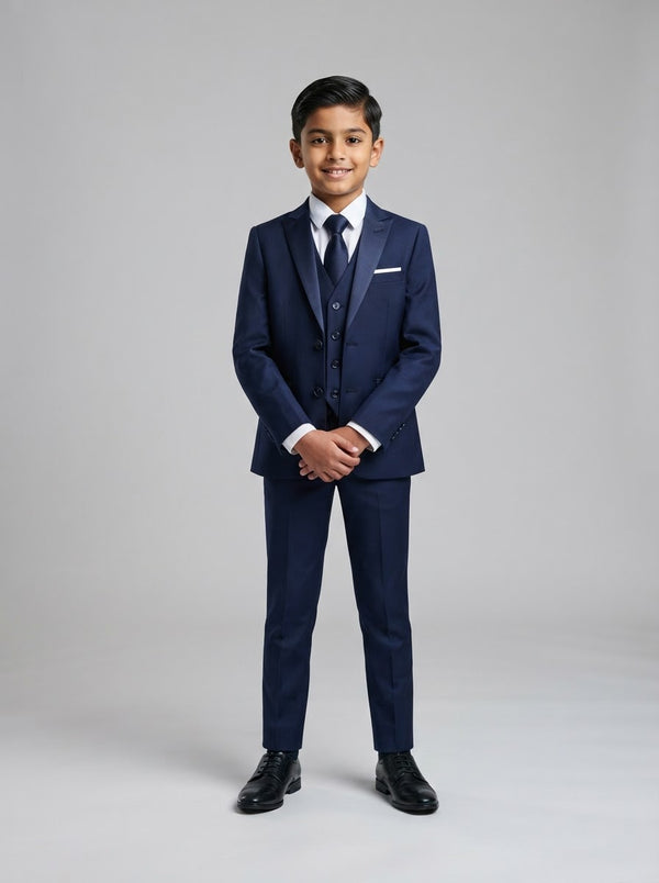 PB181 Boy Solid Sharkskin 5PC Suit Set — Medium Navy w/ Notch Lapel