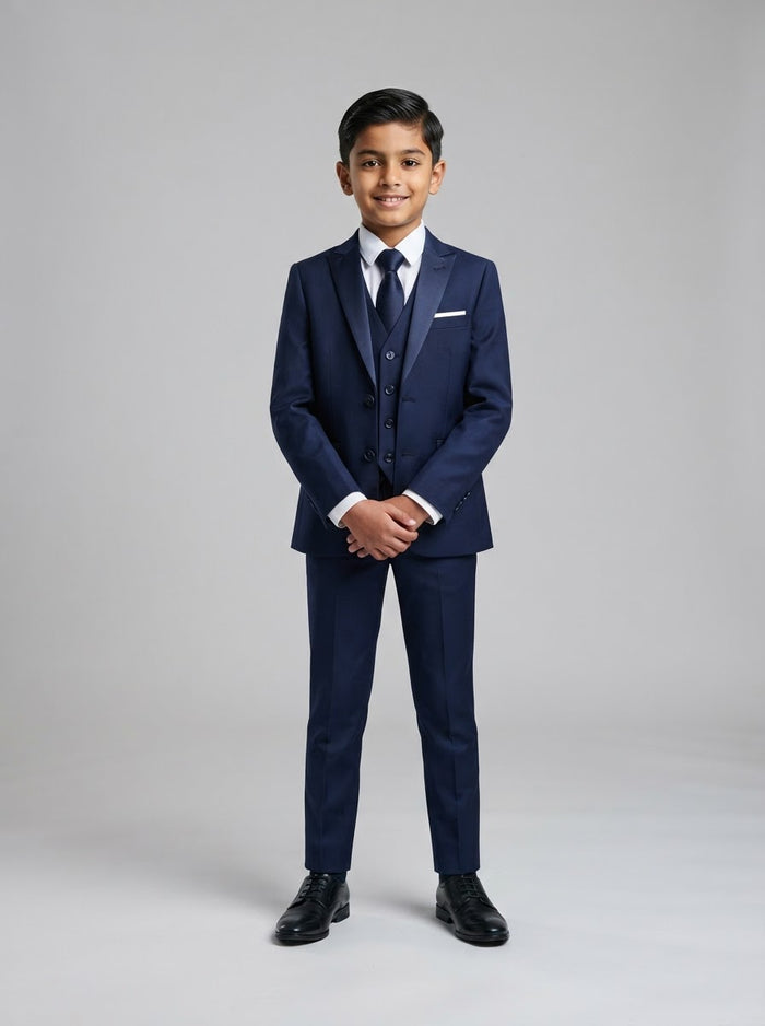 PB181 Boy Solid Sharkskin 5PC Suit Set — Medium Navy w/ Notch Lapel