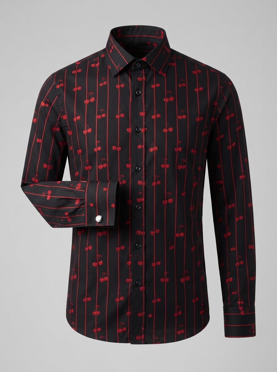 Leo Danieli LDC11 Novelty Print Dress Shirt — Black & Red Cherry Stripe Print