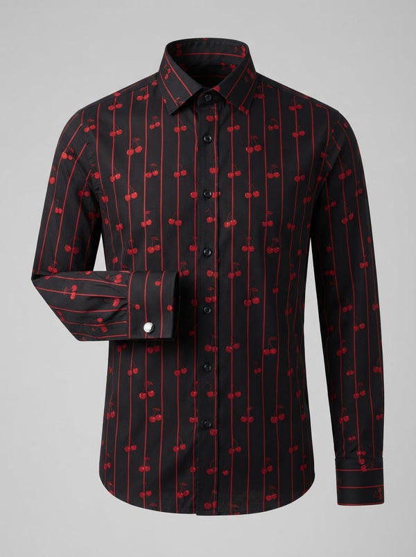 Leo Danieli LDC11 Novelty Print Dress Shirt — Black & Red Cherry Stripe Print