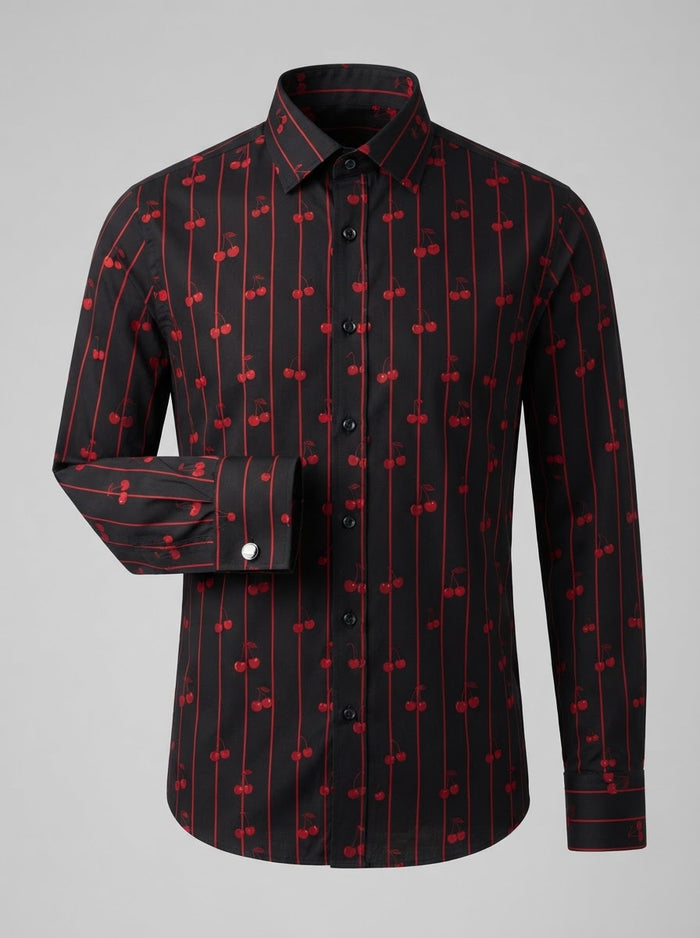 Leo Danieli LDC11 Novelty Print Dress Shirt — Black & Red Cherry Stripe Print