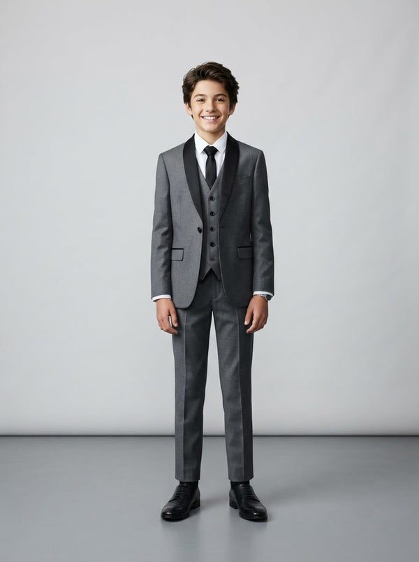 B365 Boy Solid 5PC Suit Set — Grey w/ Satin Shawl Collar