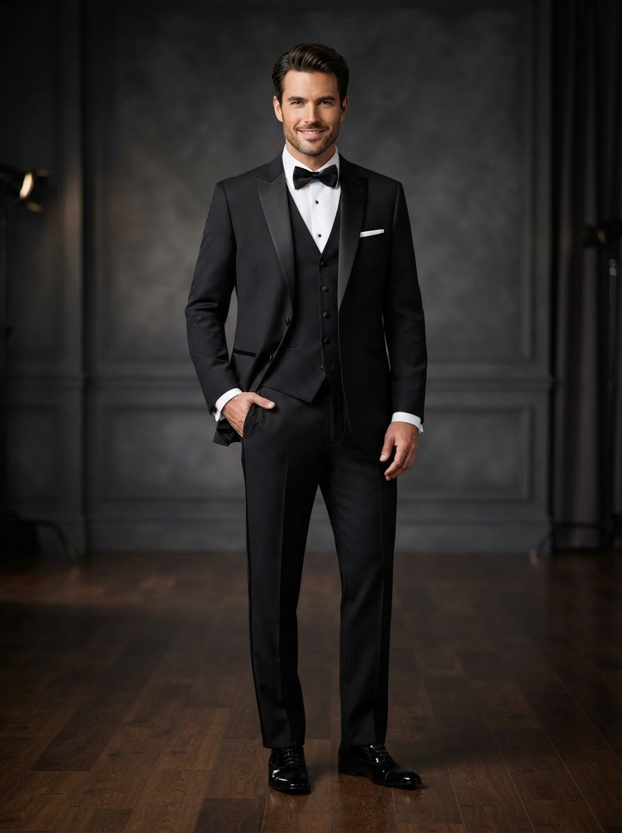 4TV-1 Regular Fit 4-Piece Tuxedo Set — Classic Black Tuxedo w/ Vest & Bow Tie