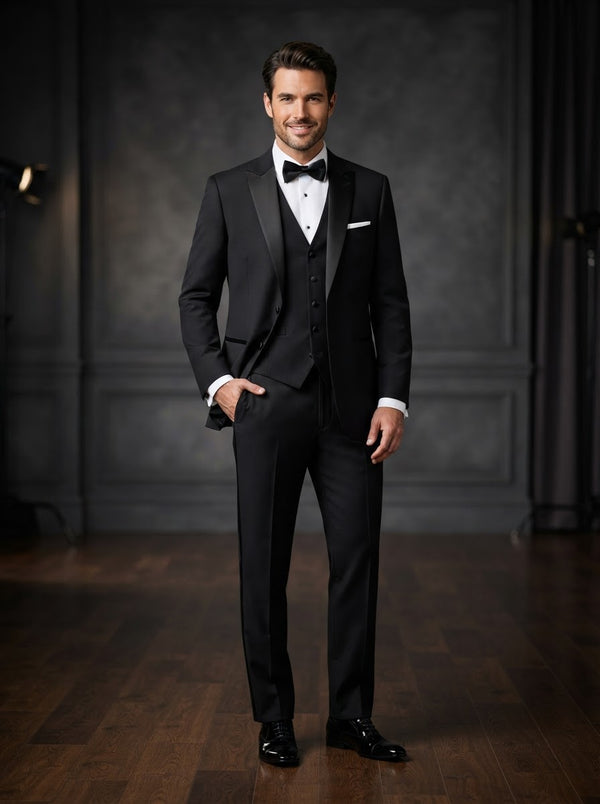 4TV-1 Regular Fit 4-Piece Tuxedo Set — Classic Black Tuxedo w/ Vest & Bow Tie