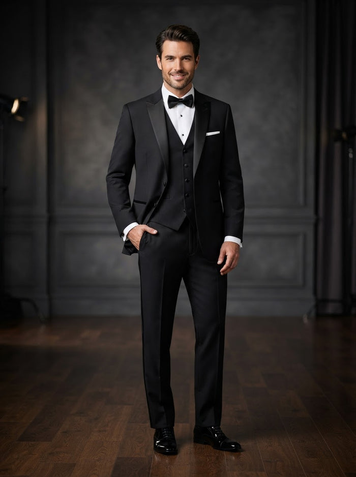 4TV-1 Regular Fit 4-Piece Tuxedo Set — Classic Black Tuxedo w/ Vest & Bow Tie