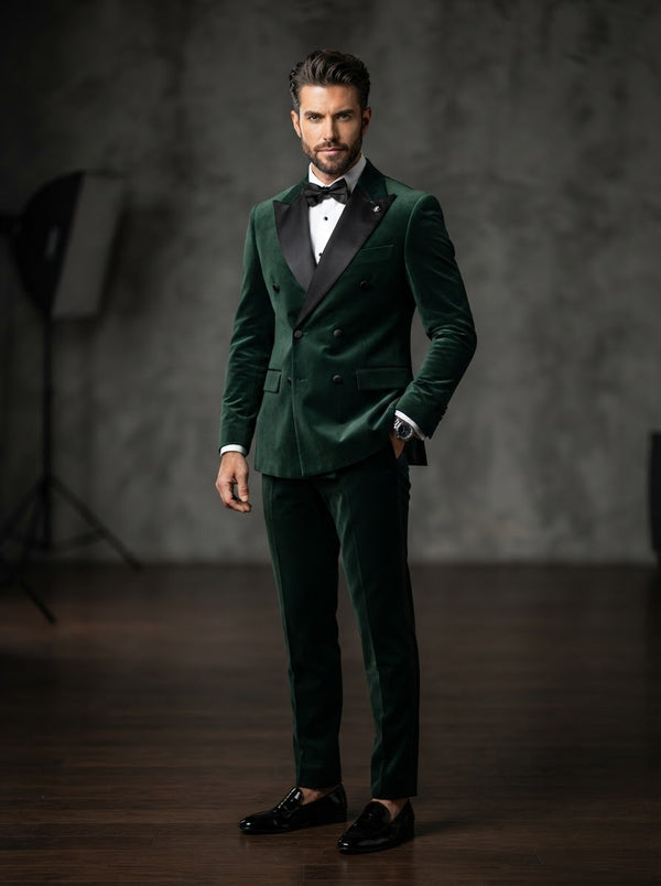 TMDB-1 Double Breasted Modern Tuxedo — Hunter Green w/ Black Satin Peak Contrast Lapel