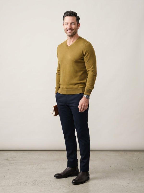 Fine Knit V-Neck Sweater — Gold