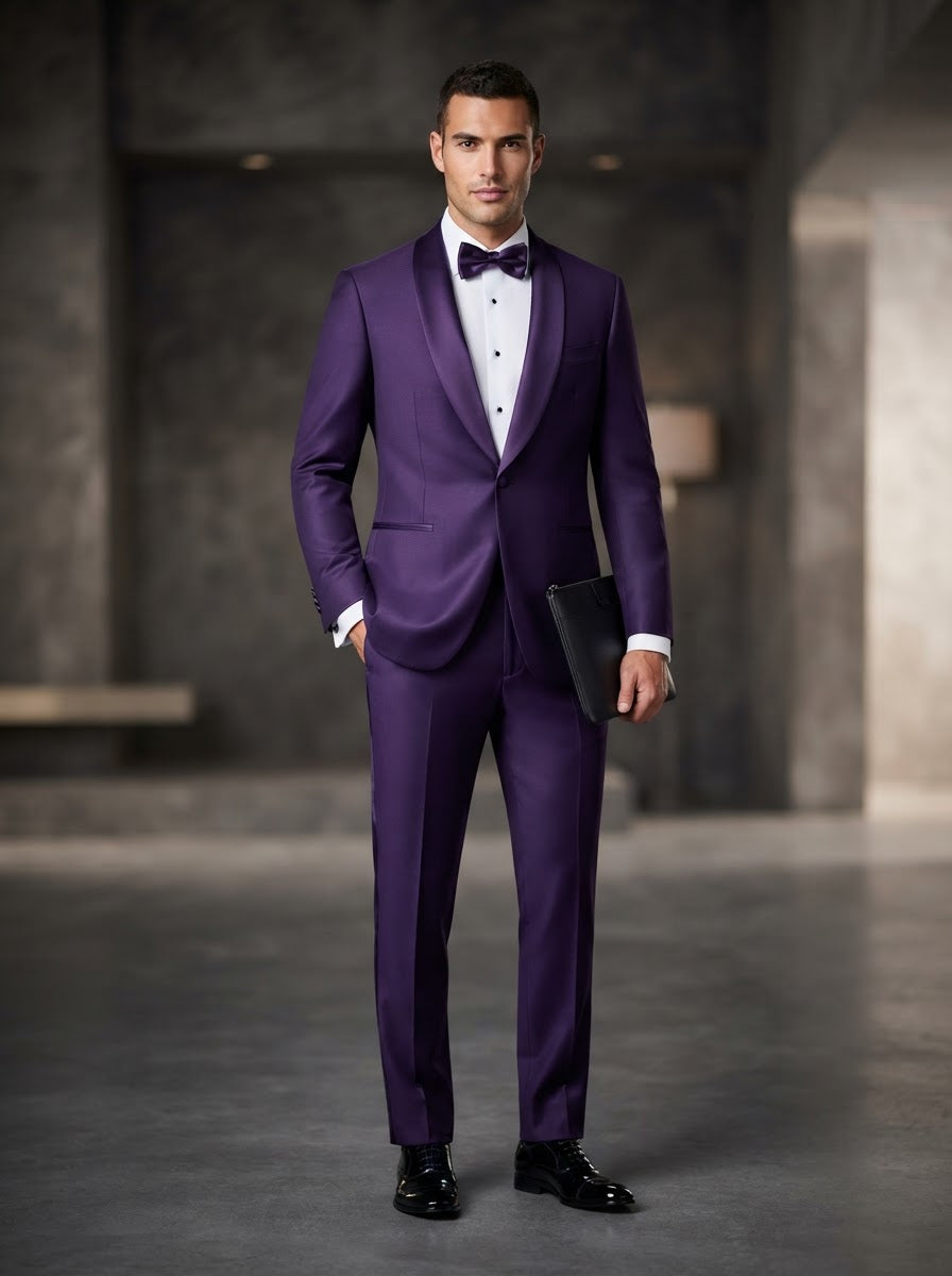 TSS-2 Luxurious Stretch Tuxedo Set — Royal Purple w/ Matching Bow Tie & Pocket Square