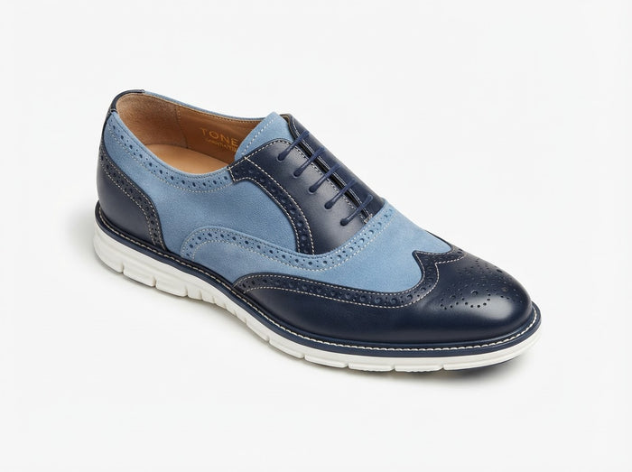 TONE Wingtip Lace Oxford — Navy Blue & Light Blue Suede w/ Broguing & EVA Sole