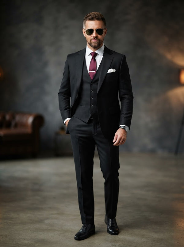 Executive 3-Piece Black Suit w/ Plum Red Tie — Black